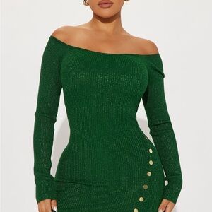 Lurex Ribbed Off-Shoulder Green Sweater Dress